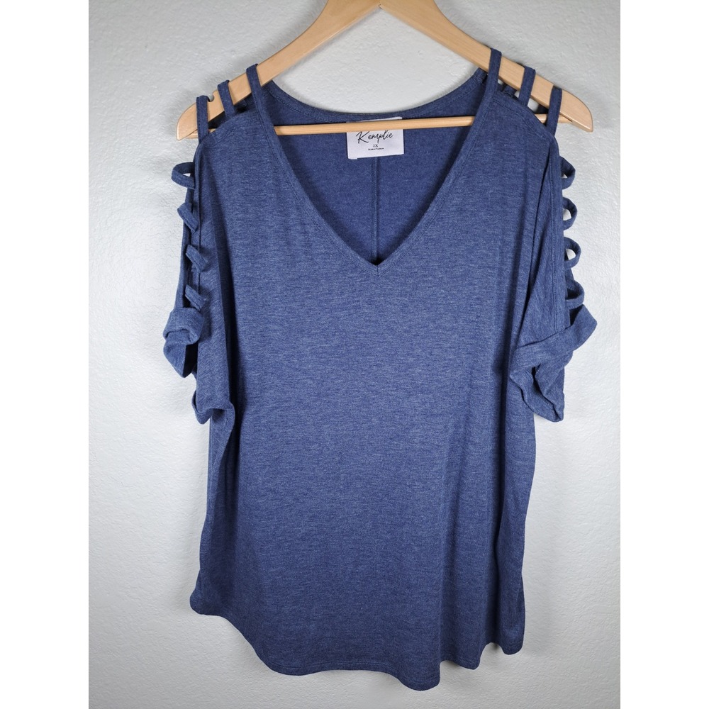 Remplie Blue Cold Shoulder Lattice Strappy V-Neck Top 2X T11437-X-PRS